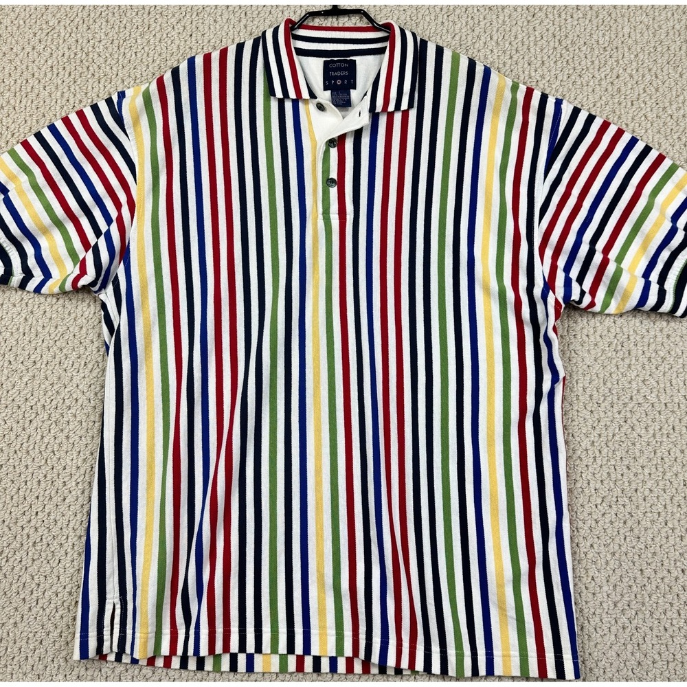 Vtg Cotton Traders Sport Shirt Men L Rainbow Striped Short Sleeve 90s Polo Style